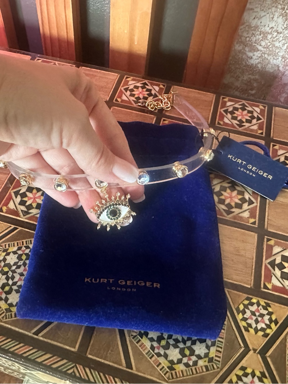 Kurt Geiger Clear Crystal Choker with Gold Evil Eye Charm - New